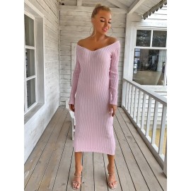 Double V Neckline Rib Midi Dress