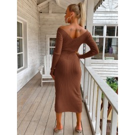 Double V Neckline Rib Knit Dress