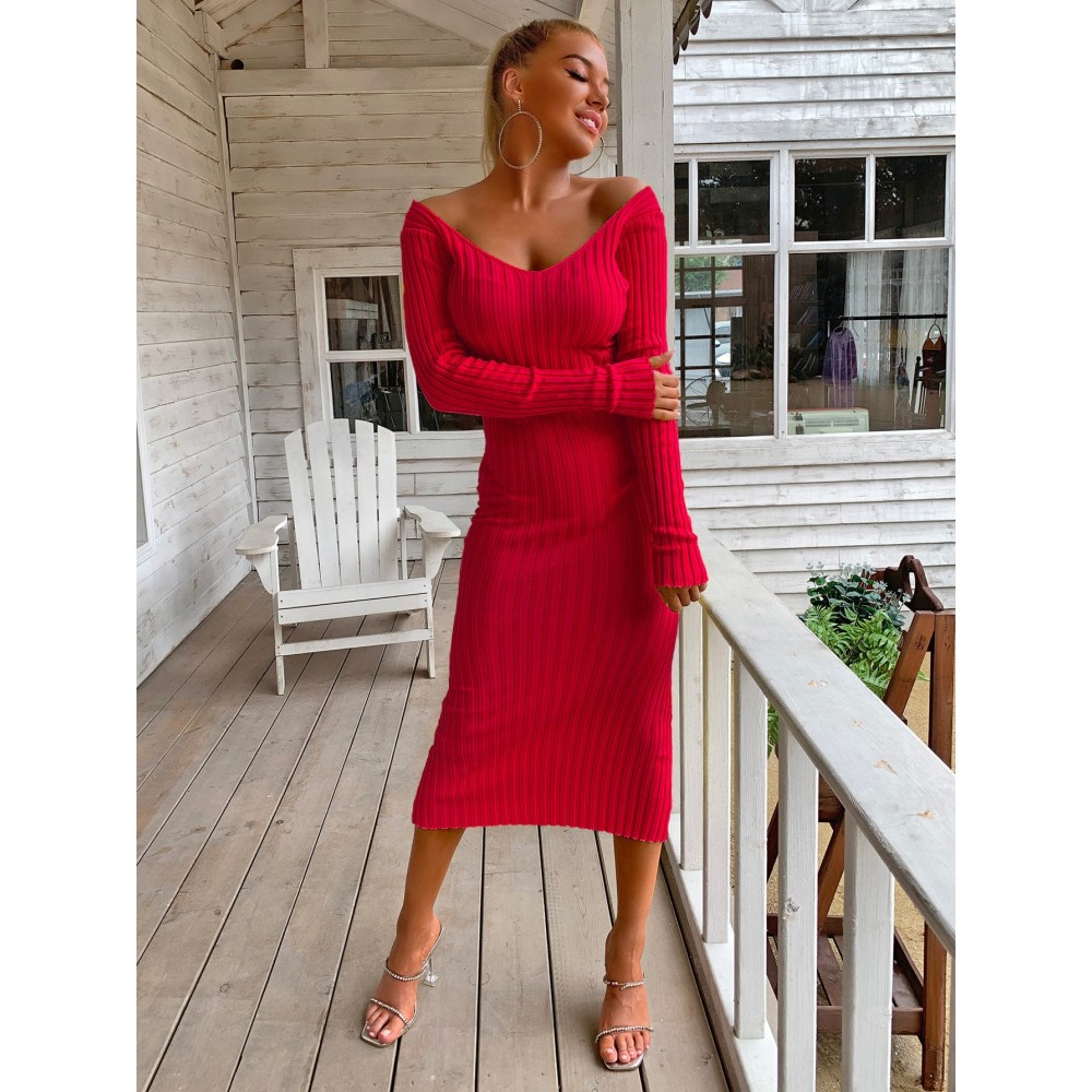 Double V Neckline Rib Knit Dress