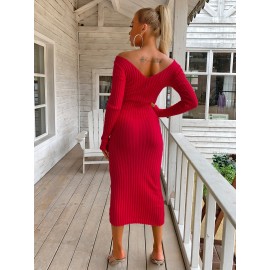 Double V Neckline Rib Knit Dress