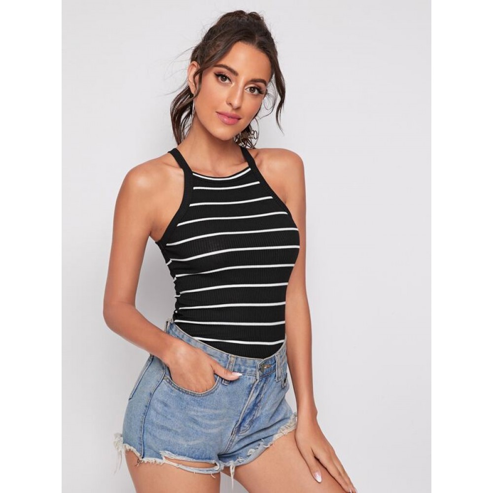 Form Fitted Rib-knit Striped Halter Top