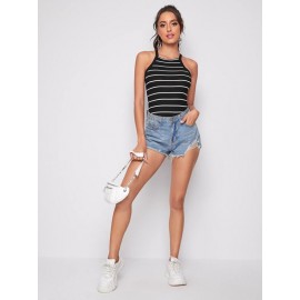 Form Fitted Rib-knit Striped Halter Top