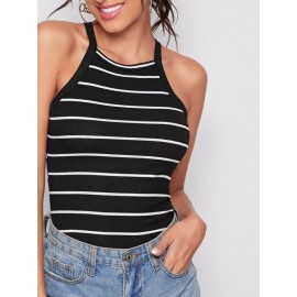 Form Fitted Rib-knit Striped Halter Top