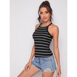 Form Fitted Rib-knit Striped Halter Top