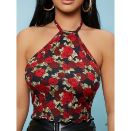 Halterneck Tie Back Lettuce Trim Floral Crop Top