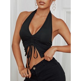 Drawstring Front Asymmetrical Hem Halter Top