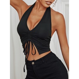 Drawstring Front Asymmetrical Hem Halter Top