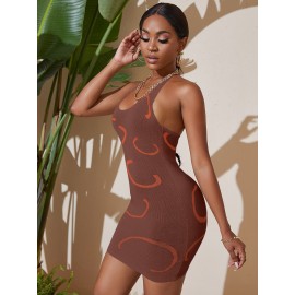 Graphic Print Halter Bodycon Sweater Dress