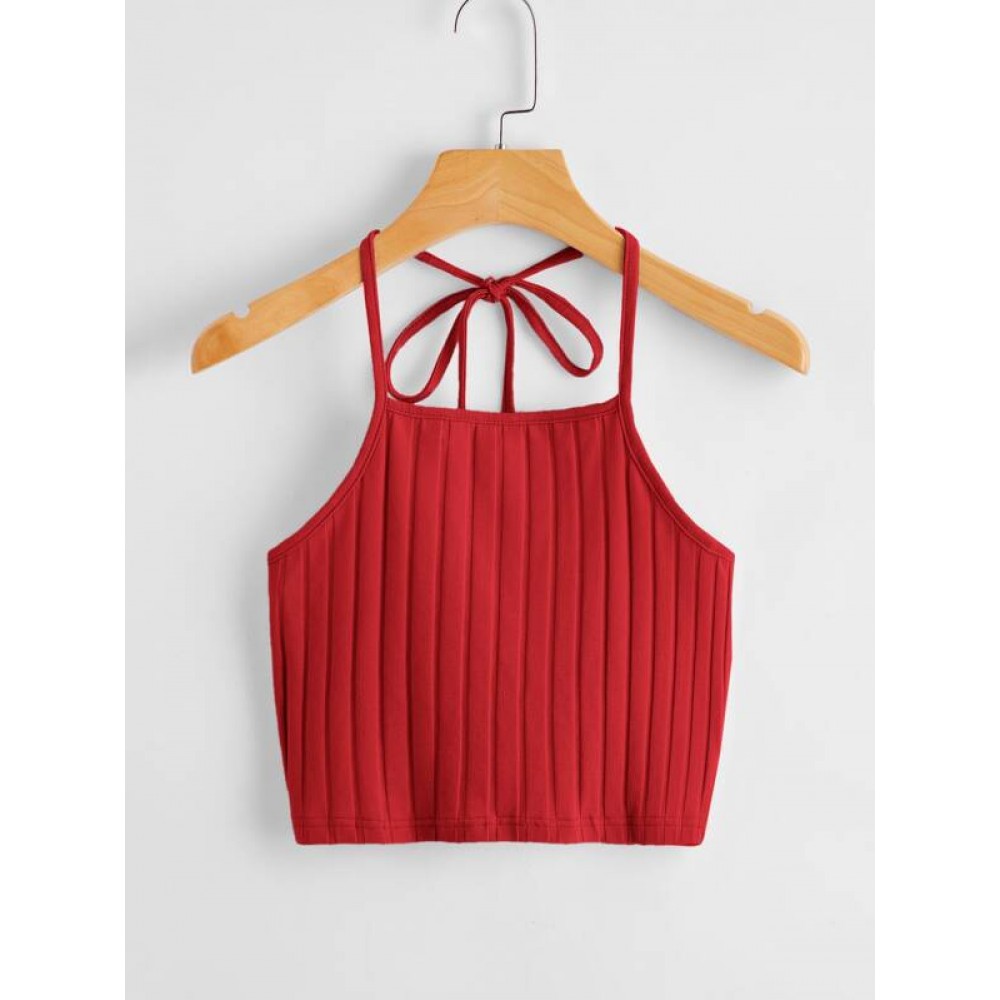 Tie Back Rib-knit Halter Top