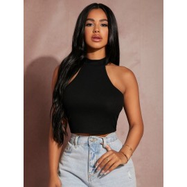 Solid Rib-knit Halter Crop Top