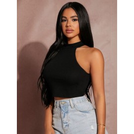 Solid Rib-knit Halter Crop Top