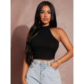 Solid Rib-knit Halter Crop Top