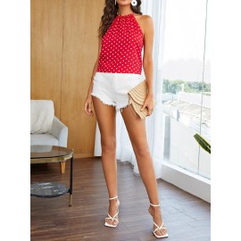 Polka Dot Frill Keyhole Back Halter Top