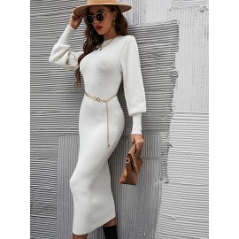 Solid Bishop Sleeve Bodycon Sweater Dress Without Chain