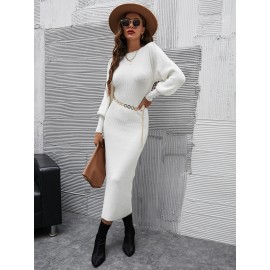 Solid Bishop Sleeve Bodycon Sweater Dress Without Chain