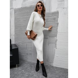 Solid Bishop Sleeve Bodycon Sweater Dress Without Chain