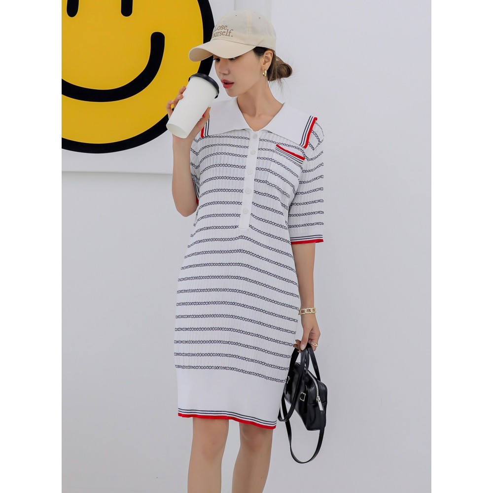 Striped Pattern Pocket Front Single Breasted Foldover Collar Sweater Dress