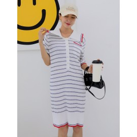 Striped Pattern Pocket Front Single Breasted Foldover Collar Sweater Dress