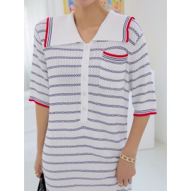 Striped Pattern Pocket Front Single Breasted Foldover Collar Sweater Dress