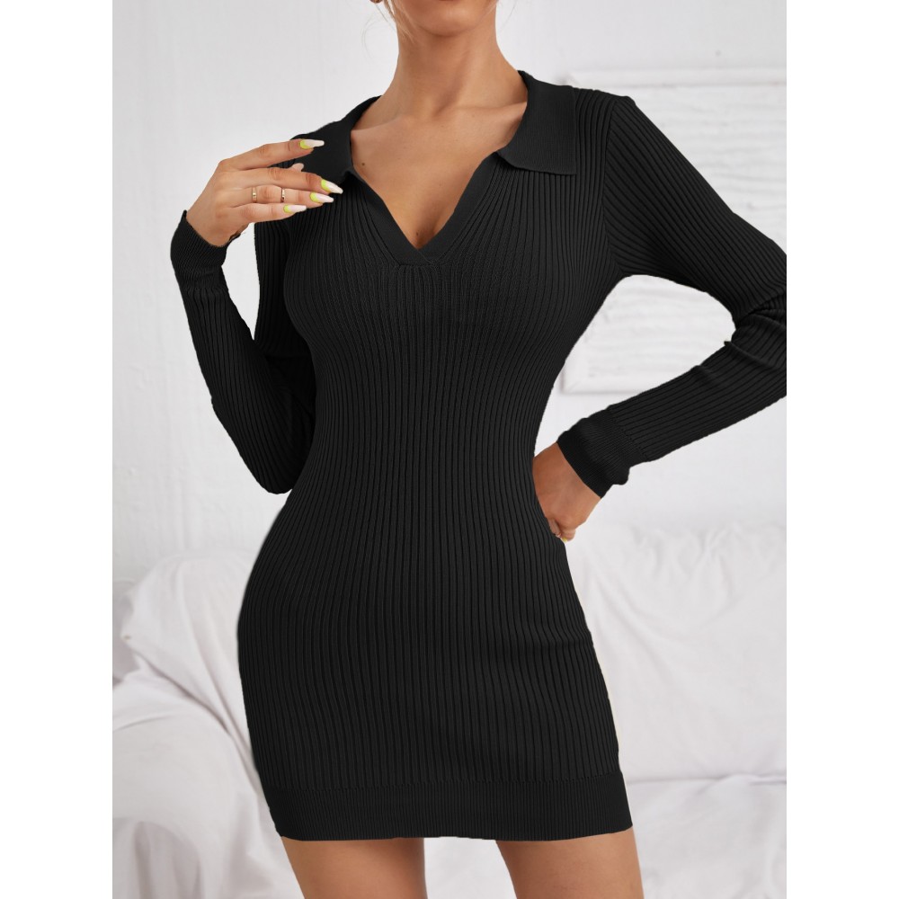 V-collar Ribbed-Knit Sweater Dress