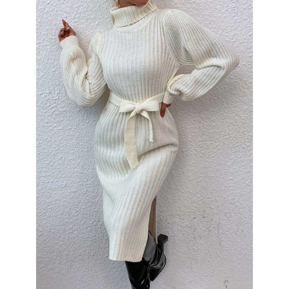 Turtleneck Ribbed Knit Belted Split Hem Sweater Dress