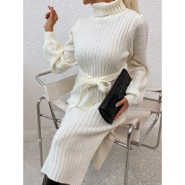 Turtleneck Ribbed Knit Belted Split Hem Sweater Dress