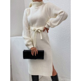 Turtleneck Ribbed Knit Belted Split Hem Sweater Dress