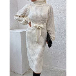 Turtleneck Ribbed Knit Belted Split Hem Sweater Dress