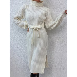 Turtleneck Ribbed Knit Belted Split Hem Sweater Dress