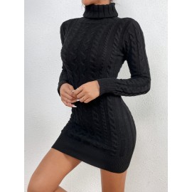 High Neck Cable Knit Bodycon Sweater Dress