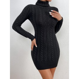 High Neck Cable Knit Bodycon Sweater Dress