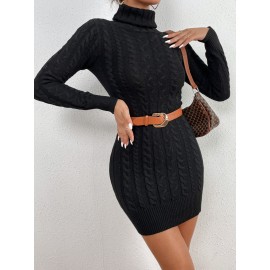 High Neck Cable Knit Bodycon Sweater Dress