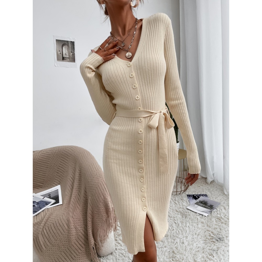 Button Through Belted Bodycon Sweater Dress