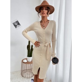 Button Through Belted Bodycon Sweater Dress