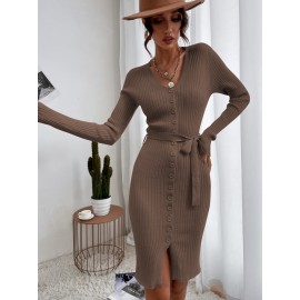 Button Through Belted Bodycon Sweater Dress