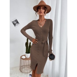 Button Through Belted Bodycon Sweater Dress