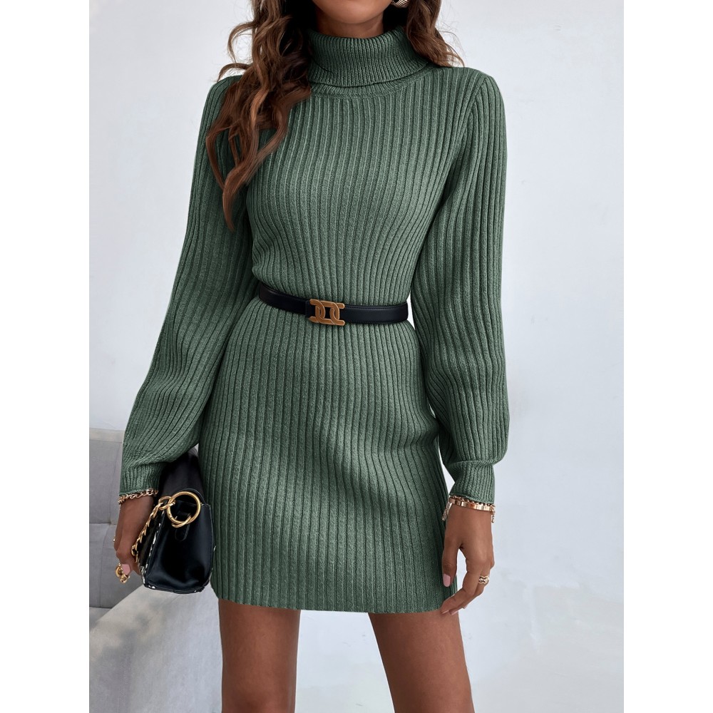 Turtleneck Ribbed Knit Sweater Dress Without Belt