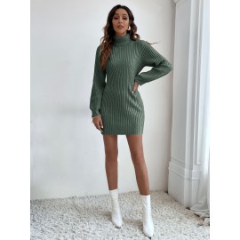 Turtleneck Ribbed Knit Sweater Dress Without Belt