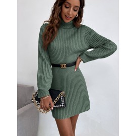 Turtleneck Ribbed Knit Sweater Dress Without Belt