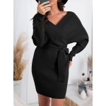 Overlap Collar Dolman Sleeve Cut Out Back Belted Sweater Dress