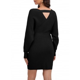 Overlap Collar Dolman Sleeve Cut Out Back Belted Sweater Dress