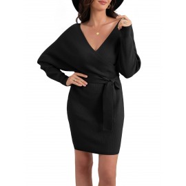 Overlap Collar Dolman Sleeve Cut Out Back Belted Sweater Dress