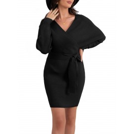 Overlap Collar Dolman Sleeve Cut Out Back Belted Sweater Dress