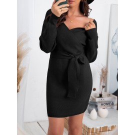 Overlap Collar Dolman Sleeve Cut Out Back Belted Sweater Dress