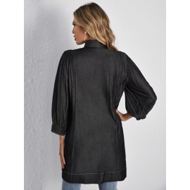 Contrast Stitch Flap Pocket Lantern Sleeve Coat Without Belt