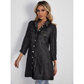 Contrast Stitch Flap Pocket Lantern Sleeve Coat Without Belt