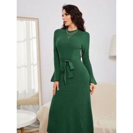 Flounce Sleeve Belted Sweater Dress