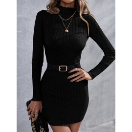 Mock Neck Ribbed Knit Bodycon Sweater Dress Without Belt