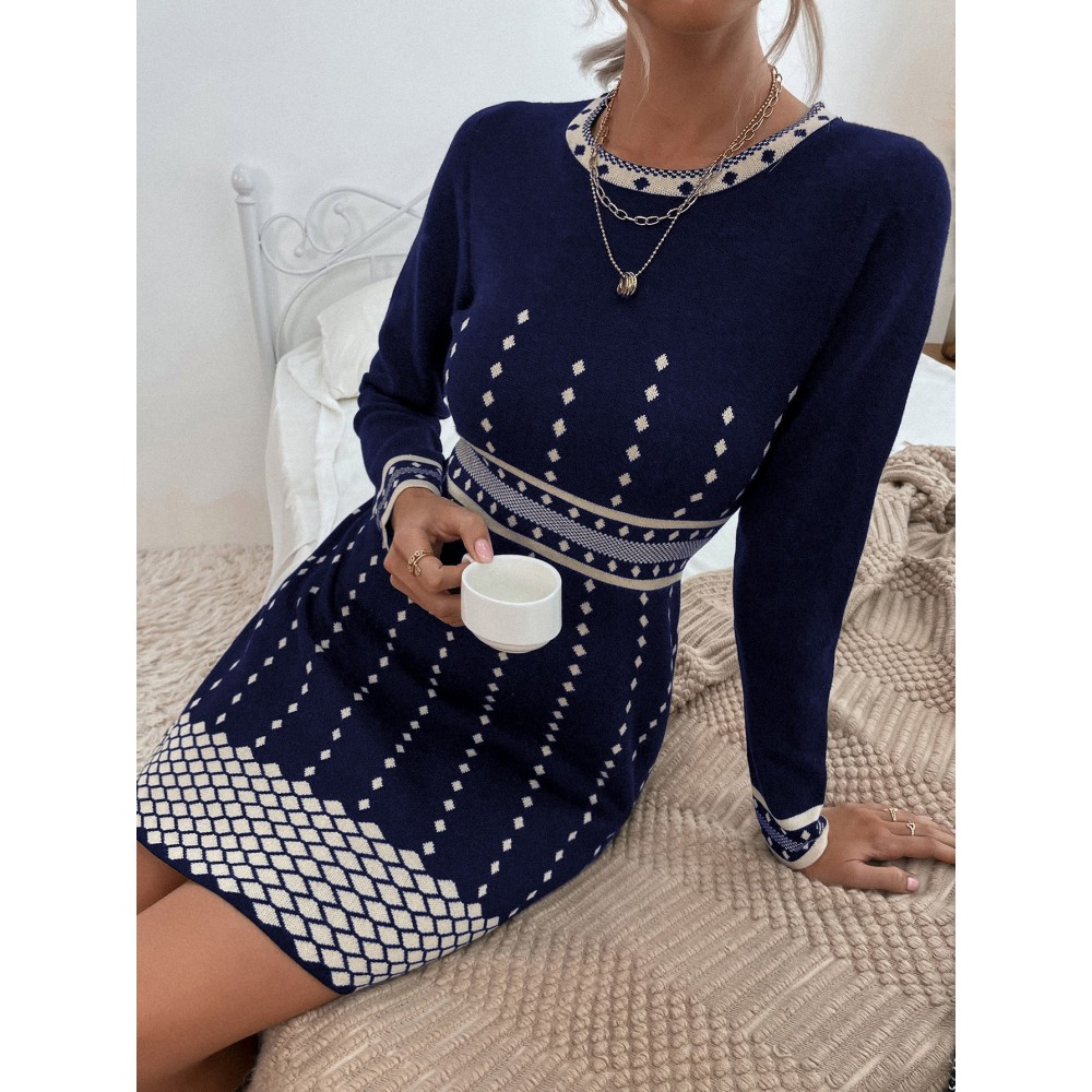 High Waisted  Pattern Sweater Dress