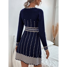 High Waisted  Pattern Sweater Dress